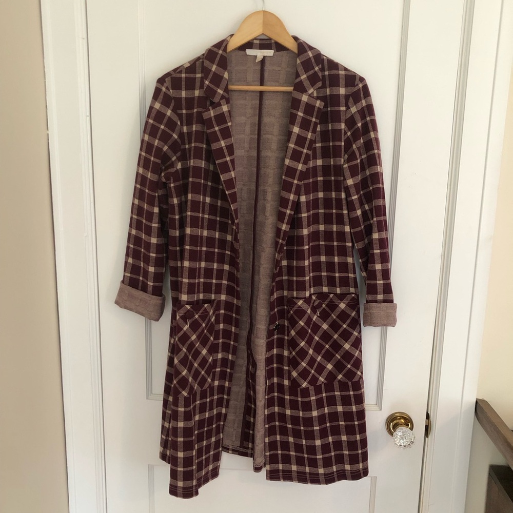 Anthropologie Plaid Longline duster Coat jacket plum mulberry color
